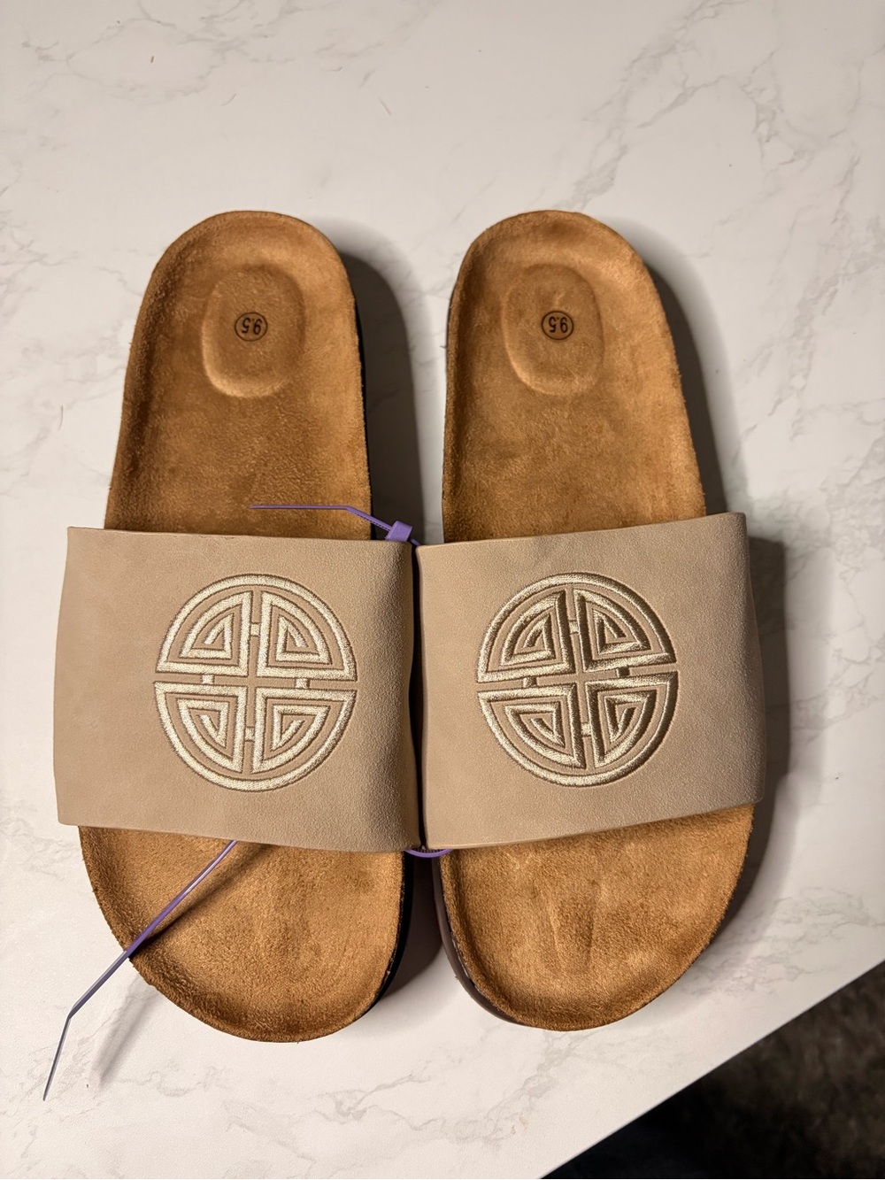 Women's Neutral Beige Slide Sandals with Embroidered Medallion